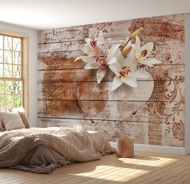 Peel & Stick Wall Mural - Flowers On Vintage Wood - Removable Wall Decals