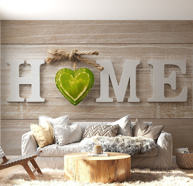 Peel & Stick Wall Mural - Home Green Heart On Wood - Removable Wall Decals