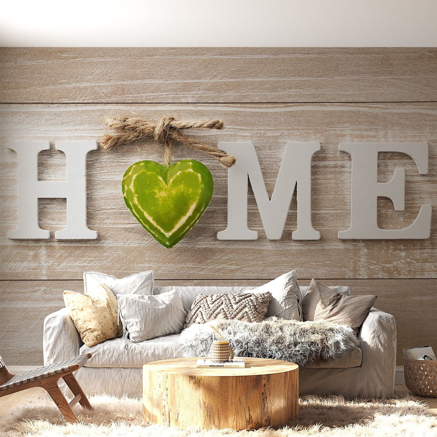 Peel & Stick Wall Mural - Home Green Heart On Wood - Removable Wall Decals