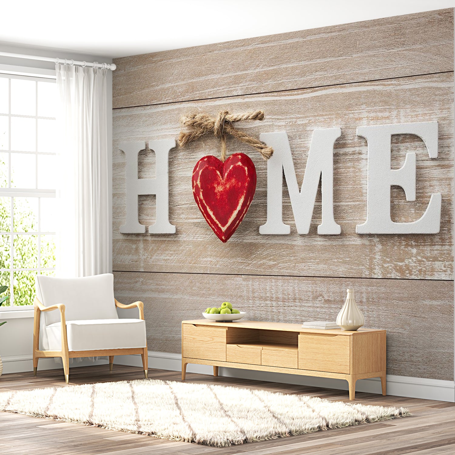 Peel & Stick Wall Mural - Home Red Heart On Wood - Removable Wall Decals