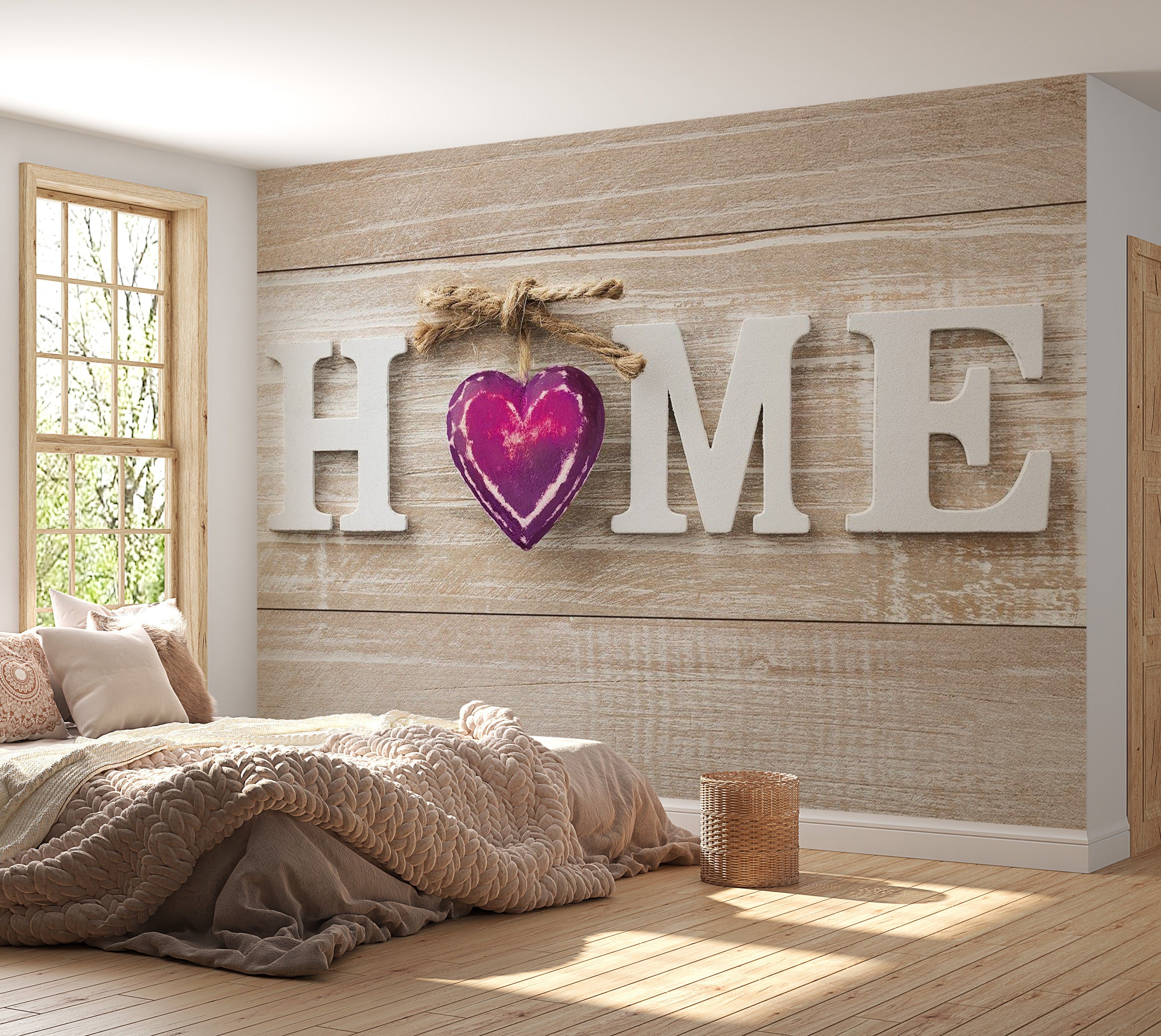 Peel & Stick Wall Mural - Home Violet Heart On Wood - Removable Wall Decals