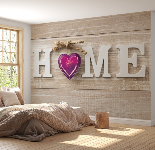 Peel & Stick Wall Mural - Home Violet Heart On Wood - Removable Wall Decals