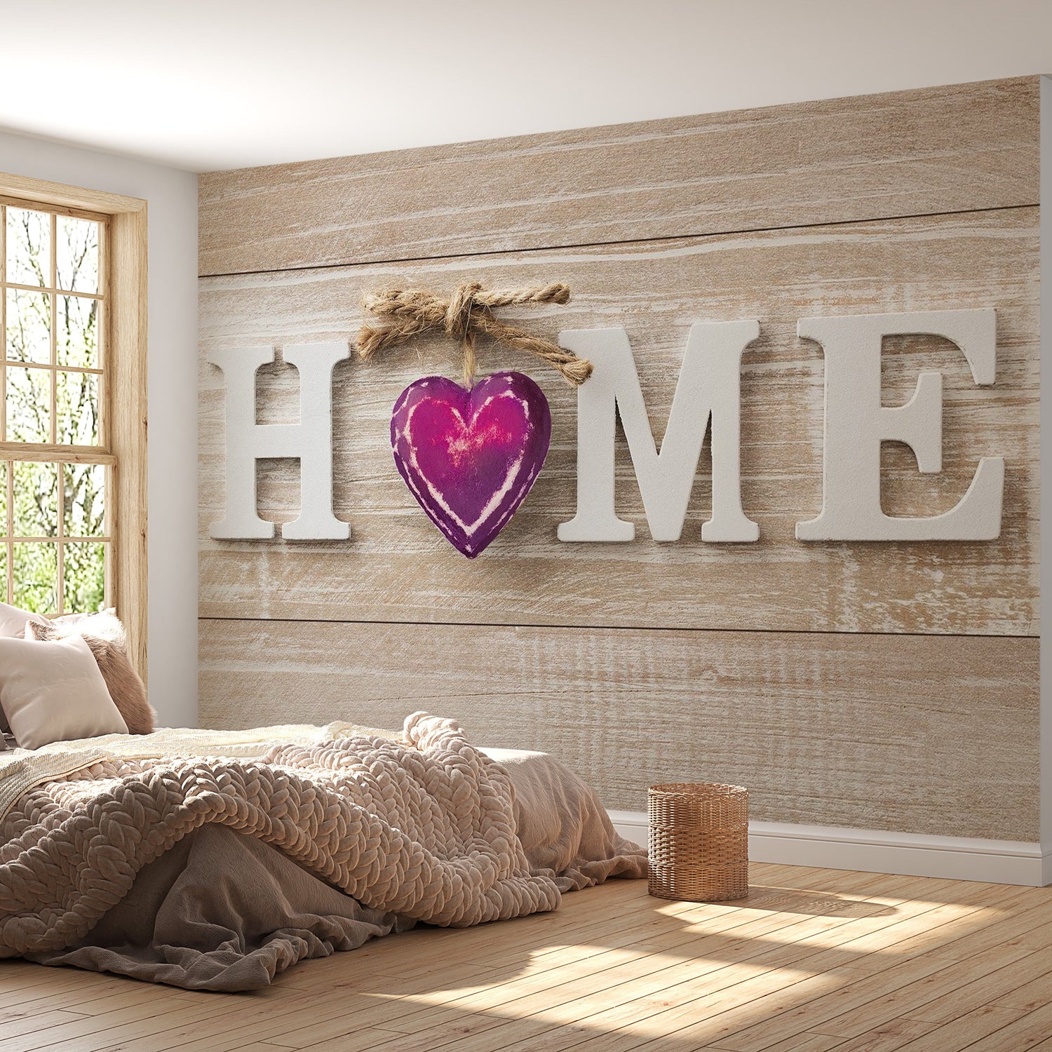 Peel & Stick Wall Mural - Home Violet Heart On Wood - Removable Wall Decals