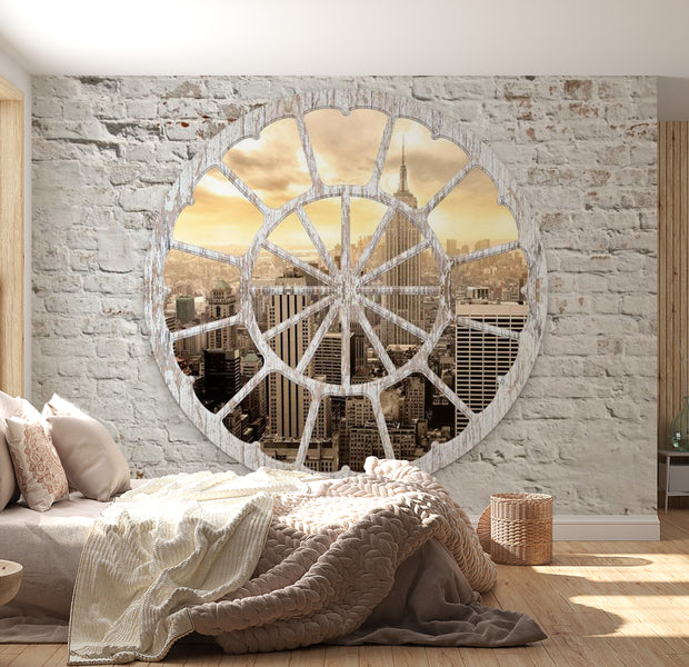 Peel & Stick Wall Mural - New York View Round Window - Removable Wall Decals