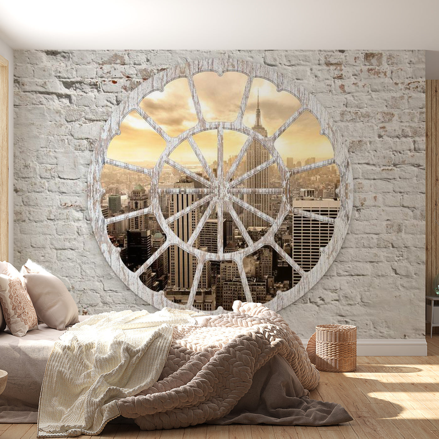 Peel & Stick Wall Mural - New York View Round Window - Removable Wall Decals