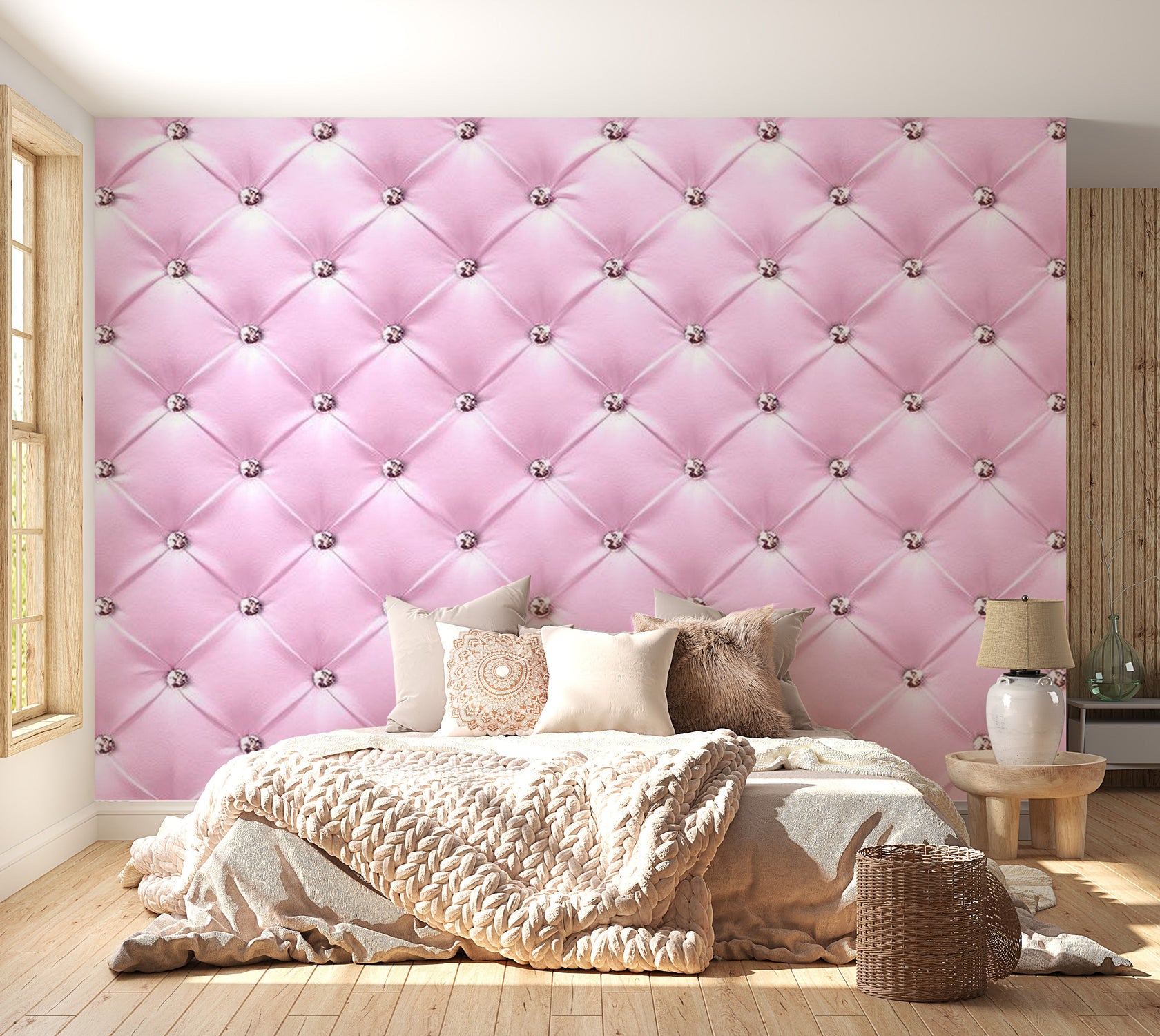 Peel & Stick Wall Mural - Pink Chesterfield And Diamonds - Removable Wall Decals