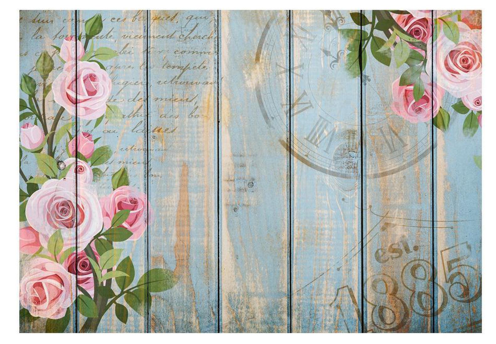Peel & Stick Wall Mural - Roses on Light Blue Distressed Wood - Removable Wall Decals