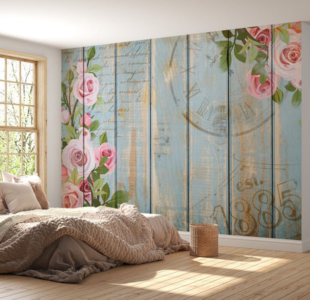 Peel & Stick Wall Mural - Roses on Light Blue Distressed Wood - Removable Wall Decals