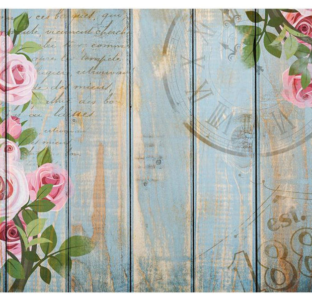 Peel & Stick Wall Mural - Roses on Light Blue Distressed Wood - Removable Wall Decals