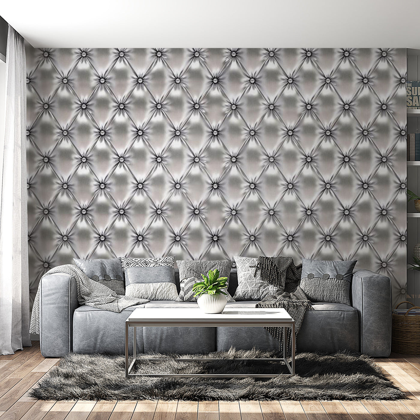 Peel & Stick Wall Mural - Silver Chesterfield Pattern - Removable Wall Decals