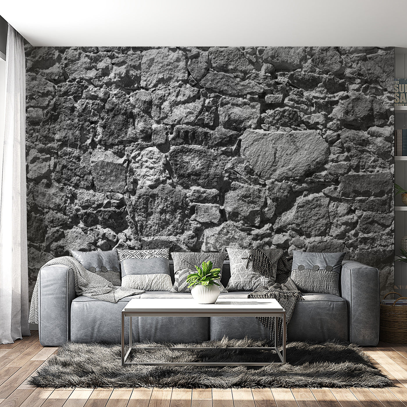 Peel & Stick Wall Mural - Stacked Grey Stone Wall - Removable Wall Decals