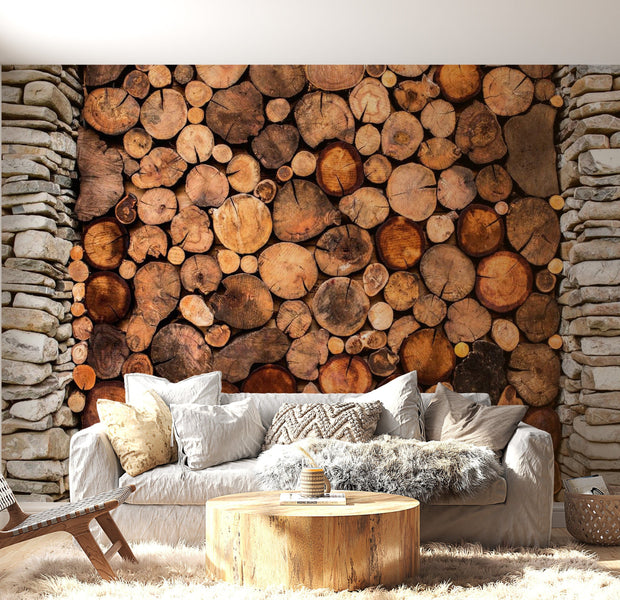 Peel & Stick Wall Mural - Stacked Wooden Tree Slabs- Removable Wall Decals