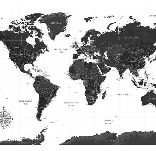 Peel & Stick World Map Wall Mural - Black And White Map - Removable Wall Decals