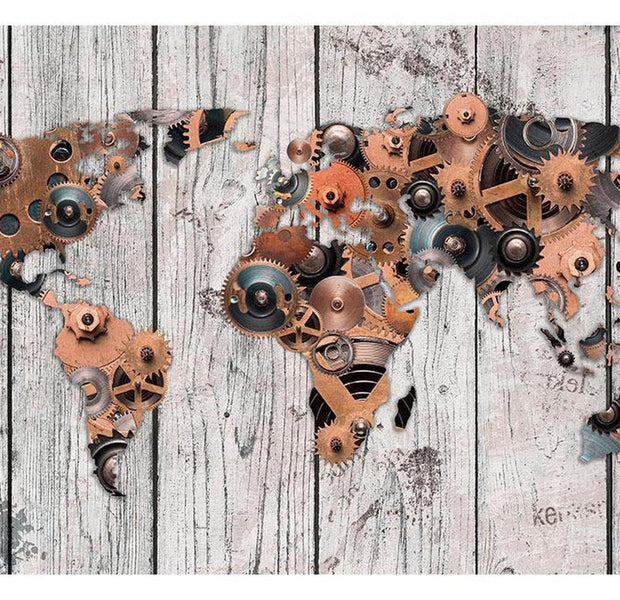 Peel & Stick World Map Wall Mural - Bronze Mechanical World Map - Removable Wall Decals