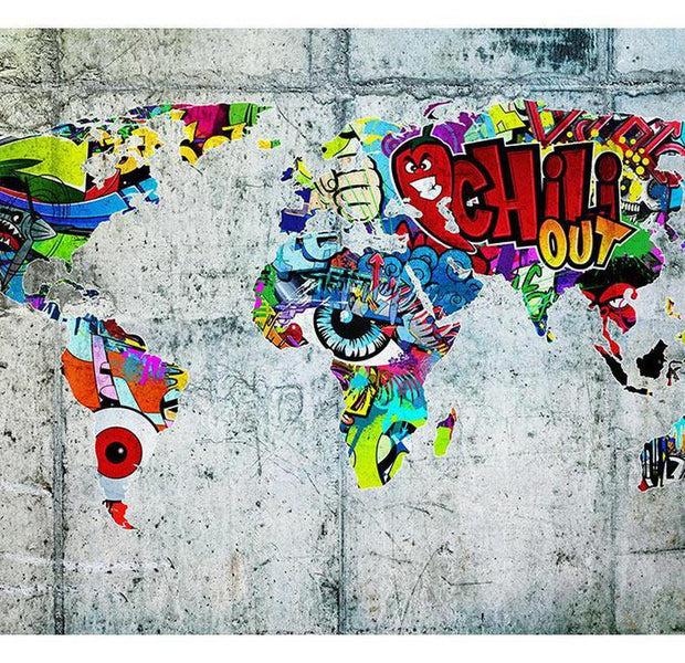 Peel & Stick World Map Wall Mural - Graffiti World Map - Removable Wall Decals