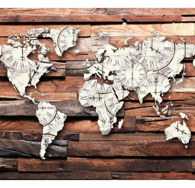 Peel & Stick World Map Wall Mural - World Map Clocks On Wood - Removable Wall Decals
