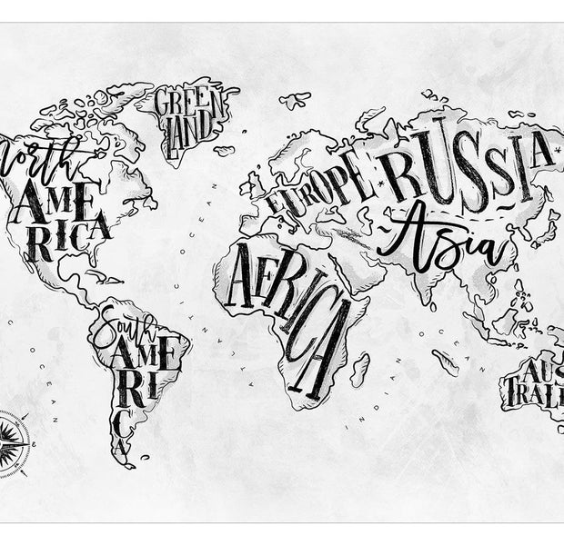 Peel & Stick World Map Wall Mural - World Map In Calligraphy Words - Removable Wall Decals