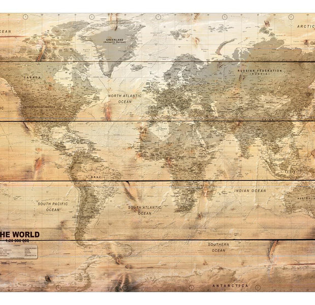 Peel & Stick World Map Wall Mural - World Map On Wooden Planks - Removable Wall Decals