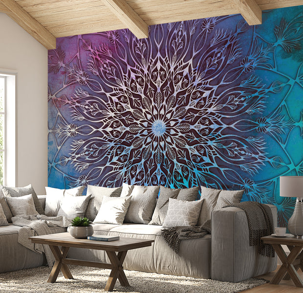 Peel & Stick Mandala Wall Mural - Blue Batik Mandala - Removable Wall Decals