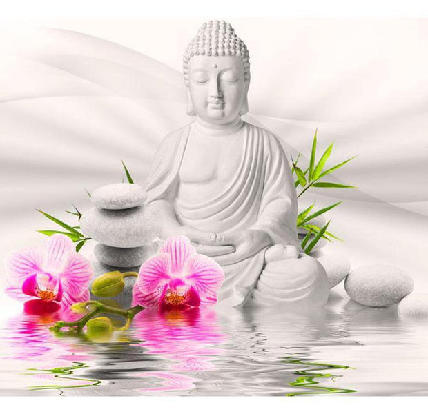 Peel & Stick Zen Wall Mural - Buddha And Pink Orchids - Removable Wall Decals