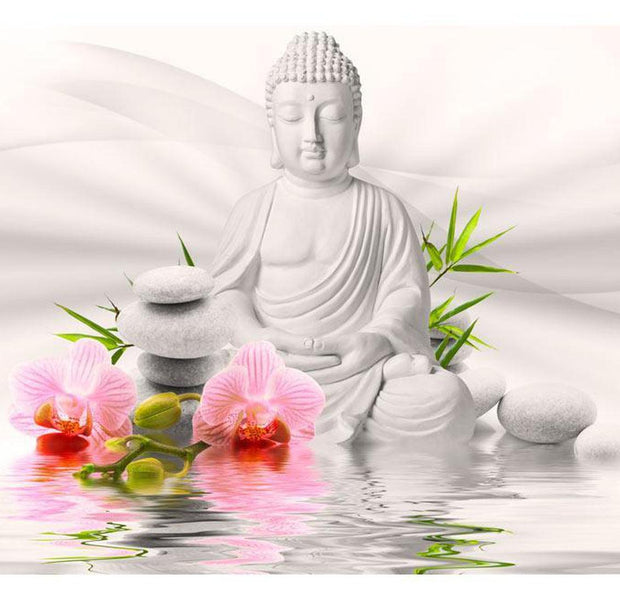 Peel & Stick Zen Wall Mural - Buddha And Soft Pink Orchids - Removable Wall Decals