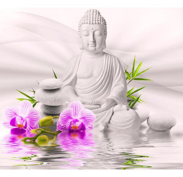 Peel & Stick Zen Wall Mural - Buddha And Violet Orchids - Removable Wall Decals
