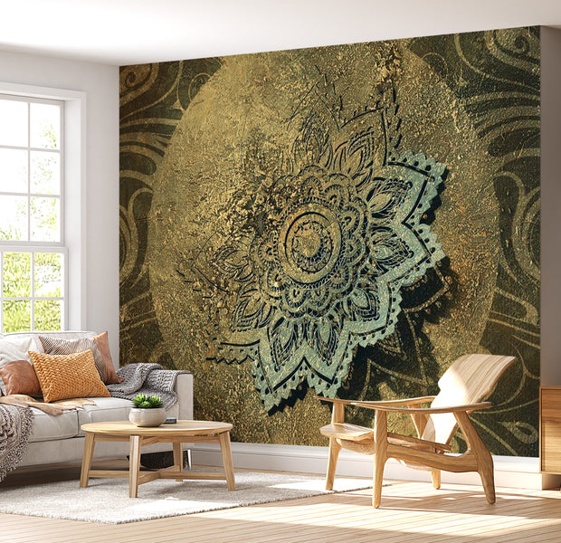 Peel & Stick Mandala Wall Mural - Golden Green Mandala - Removable Wall Decals