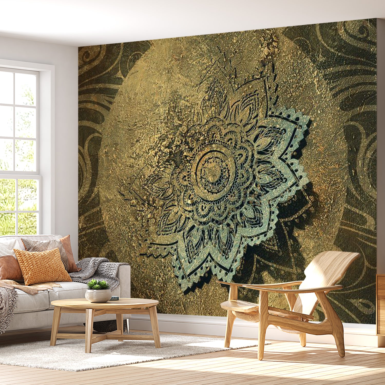 Peel & Stick Mandala Wall Mural - Golden Green Mandala - Removable Wall Decals