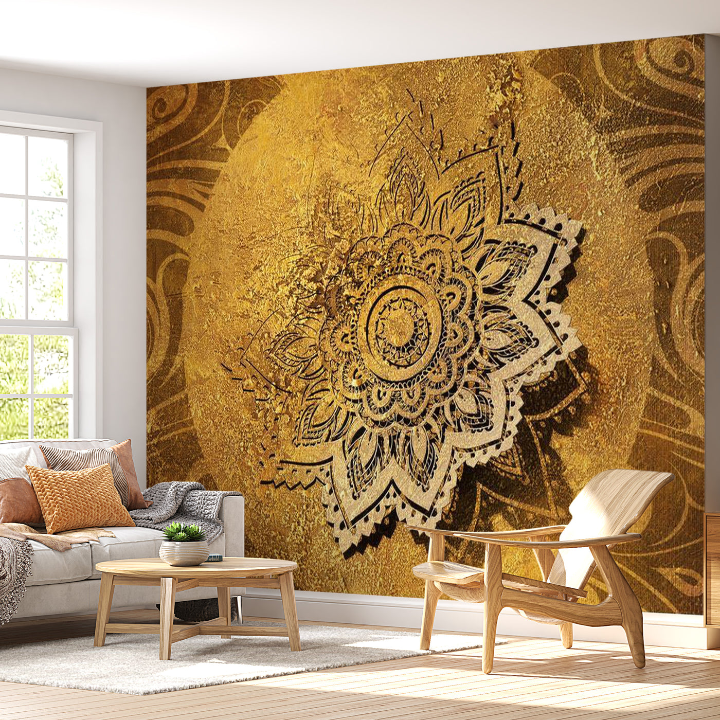 Peel & Stick Mandala Wall Mural - Golden Mandala - Removable Wall Decals