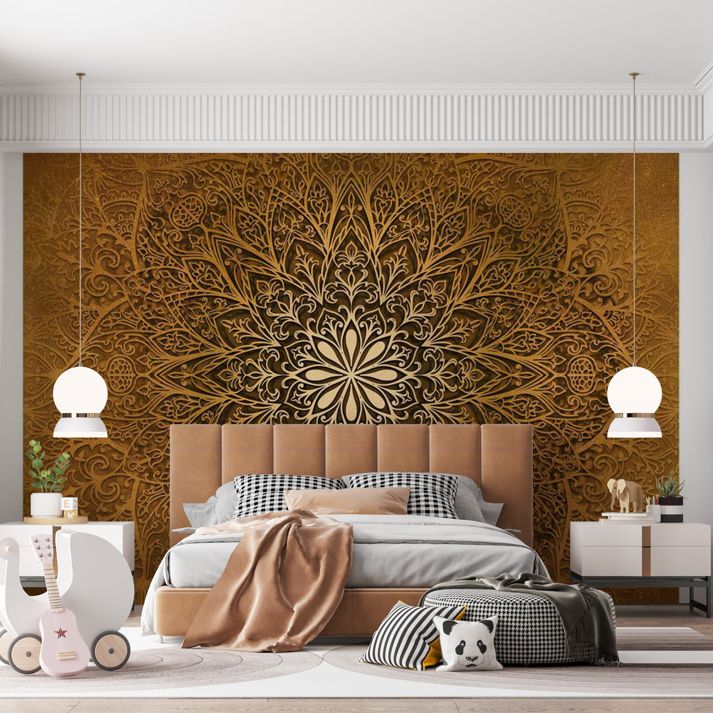 Peel & Stick Mandala Wall Mural - Golden Orange Mandala - Removable Wall Decals
