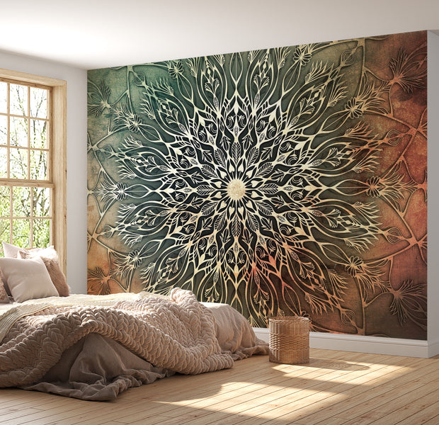 Peel & Stick Mandala Wall Mural - Green Batik Mandala - Removable Wall Decals