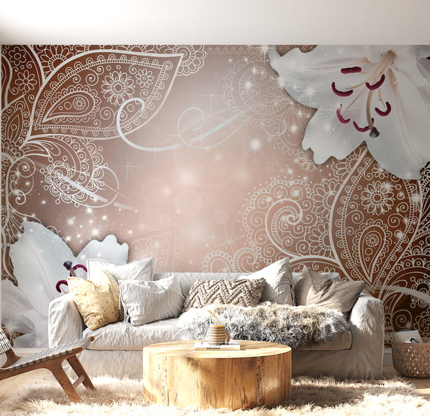 Peel & Stick Mandala Wall Mural - Mandala And Flowers Bronze - Removable Wall Decals