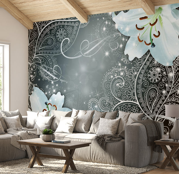 Peel & Stick Mandala Wall Mural - Mandala And Flowers Grey - Removable Wall Decals