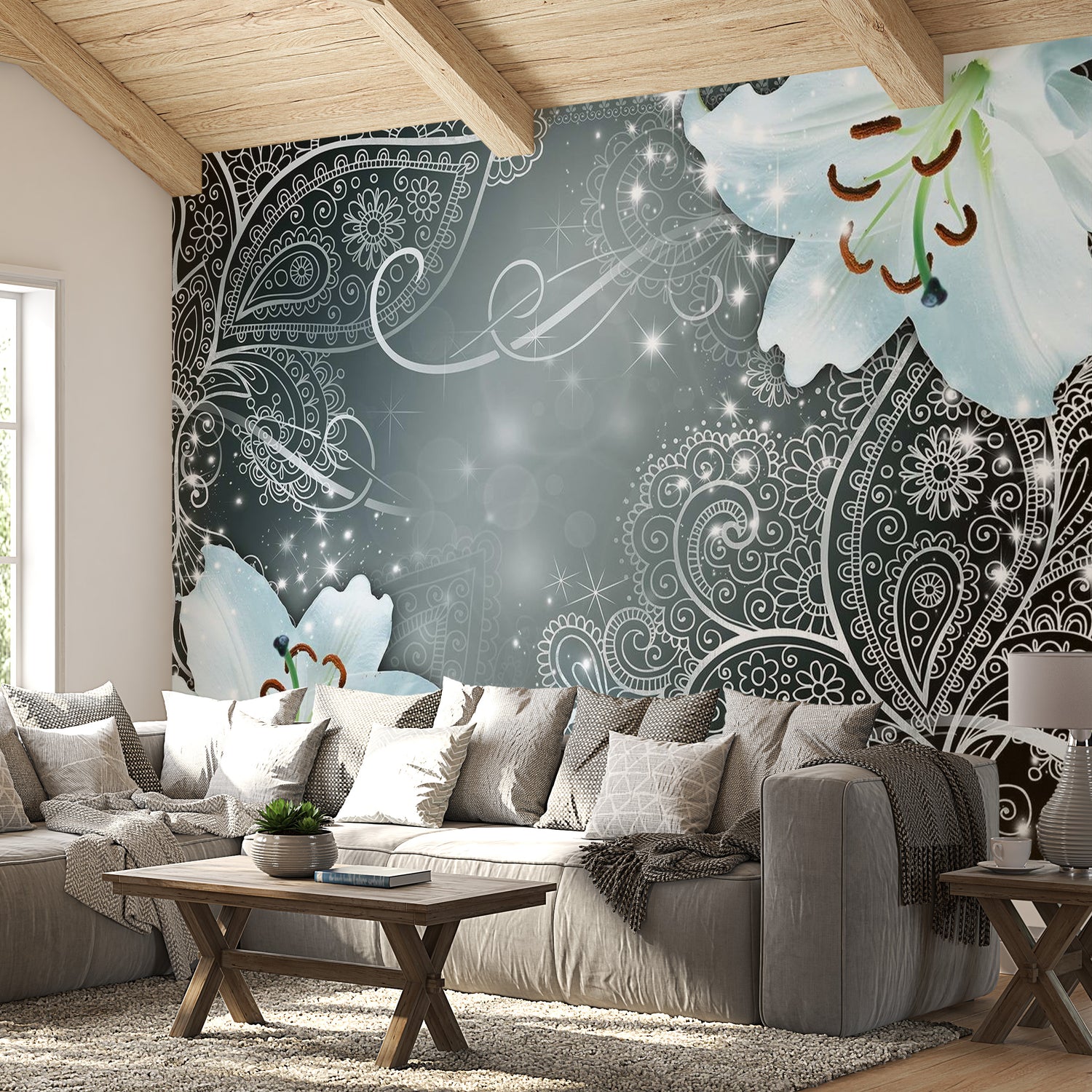 Peel & Stick Mandala Wall Mural - Mandala And Flowers Grey - Removable Wall Decals