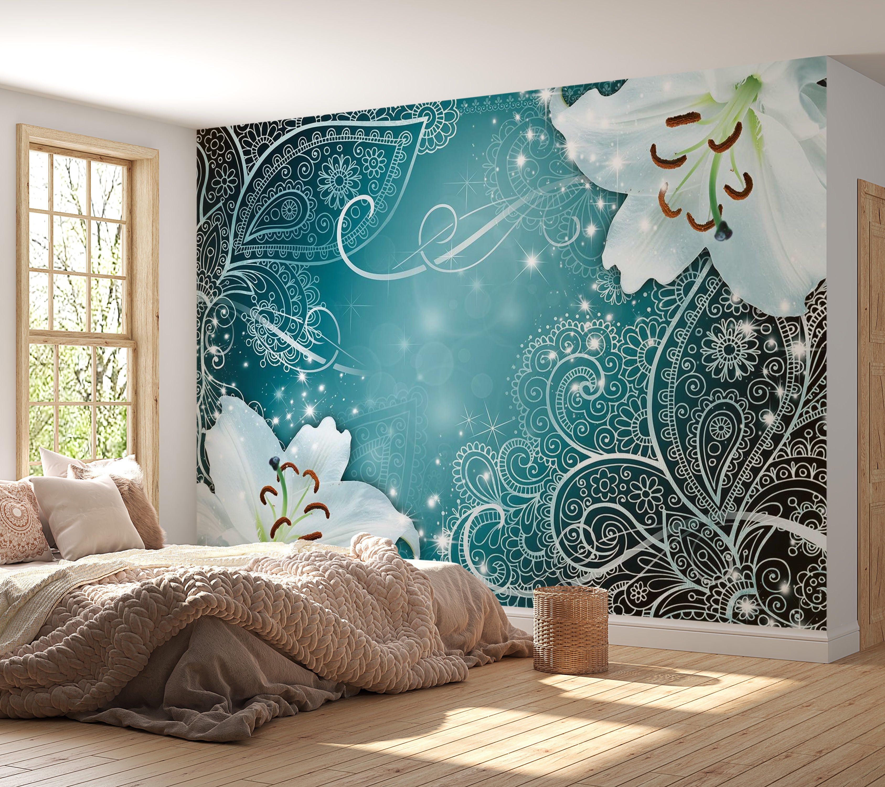 Peel & Stick Mandala Wall Mural - Mandala And Flowers Turquoise - Removable Wall Decals