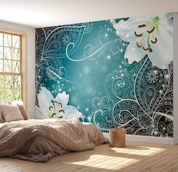 Peel & Stick Mandala Wall Mural - Mandala And Flowers Turquoise - Removable Wall Decals