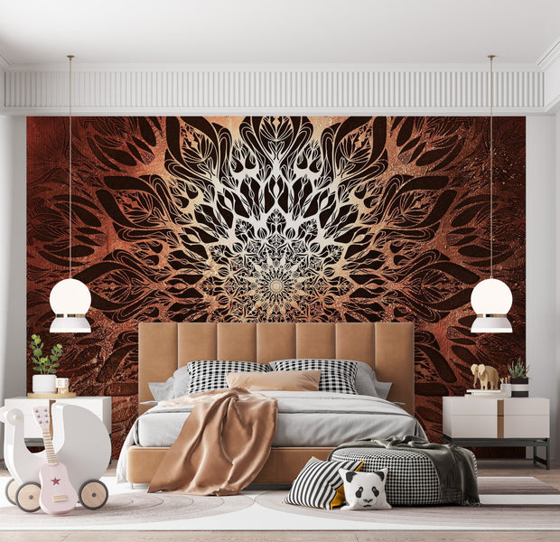 Peel & Stick Mandala Wall Mural - Orange Black Mandala - Removable Wall Decals