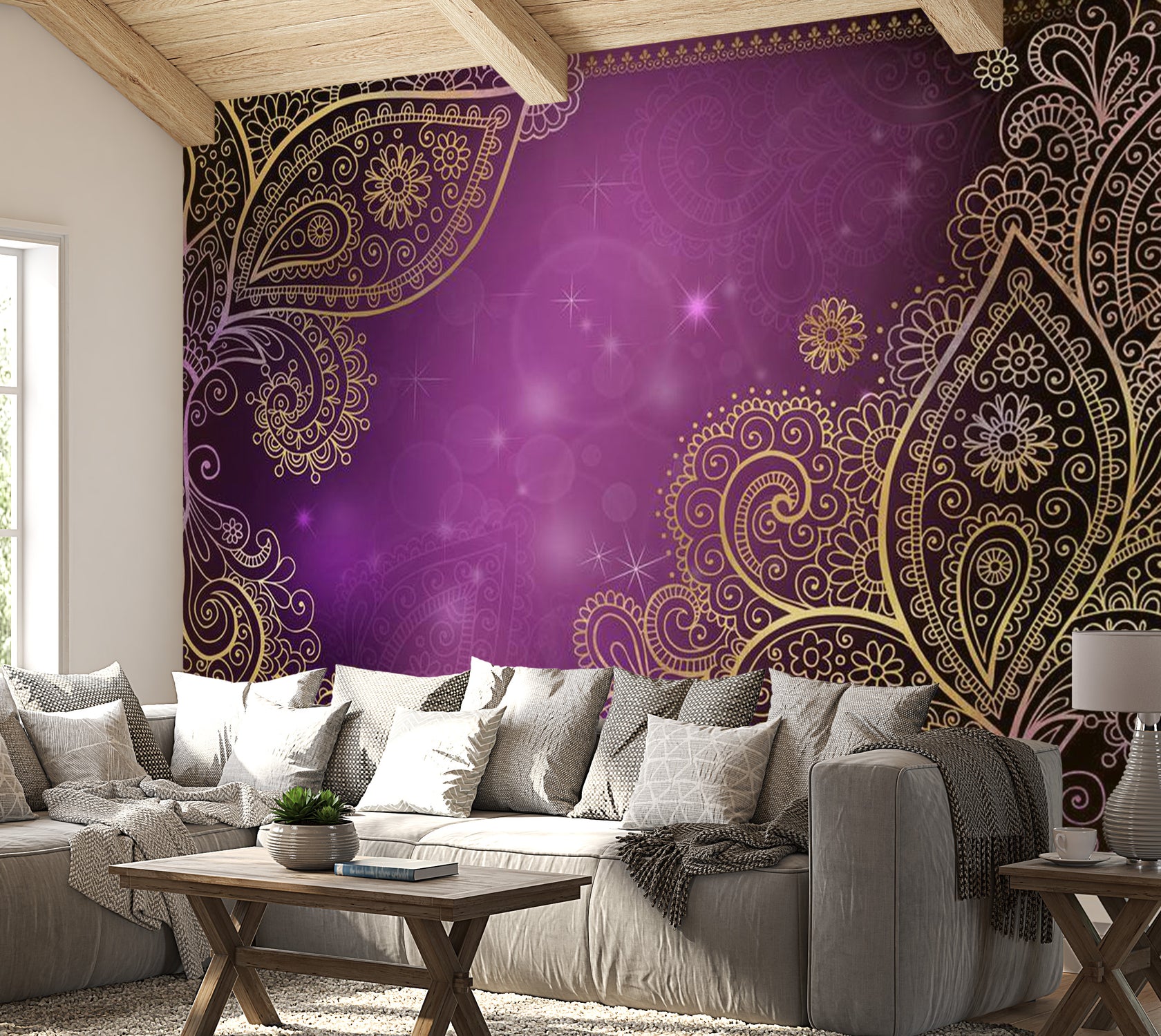 Peel & Stick Mandala Wall Mural - Oriental Purple Mandala - Removable Wall Decals