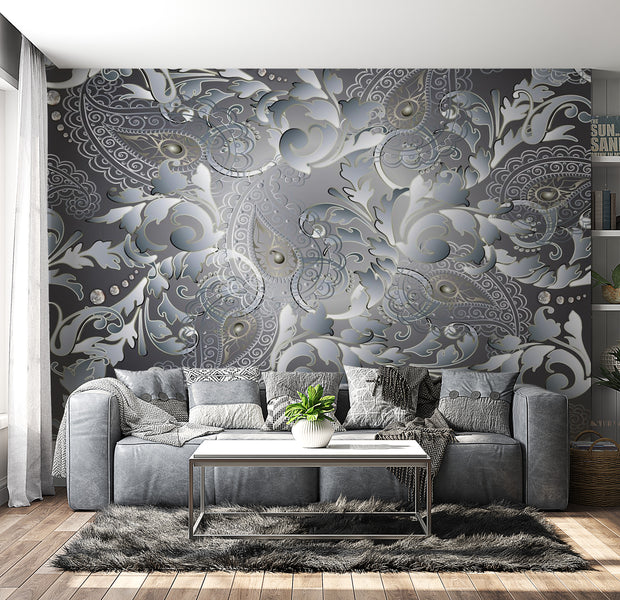 Peel & Stick Mandala Wall Mural - Oriental Silver Mandala - Removable Wall Decals