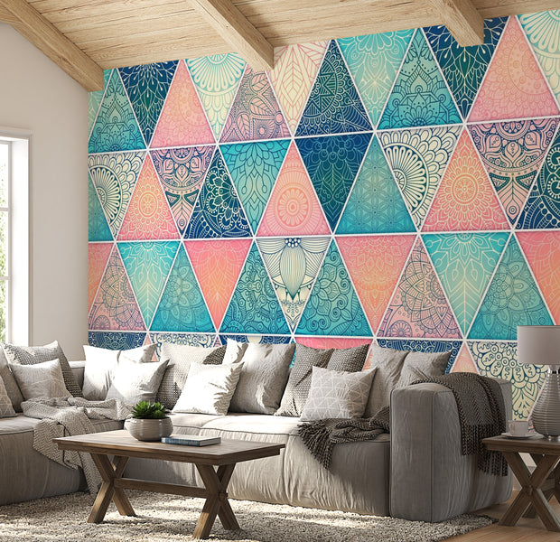 Peel & Stick Mandala Wall Mural - Oriental Triangle Mandala - Removable Wall Decals