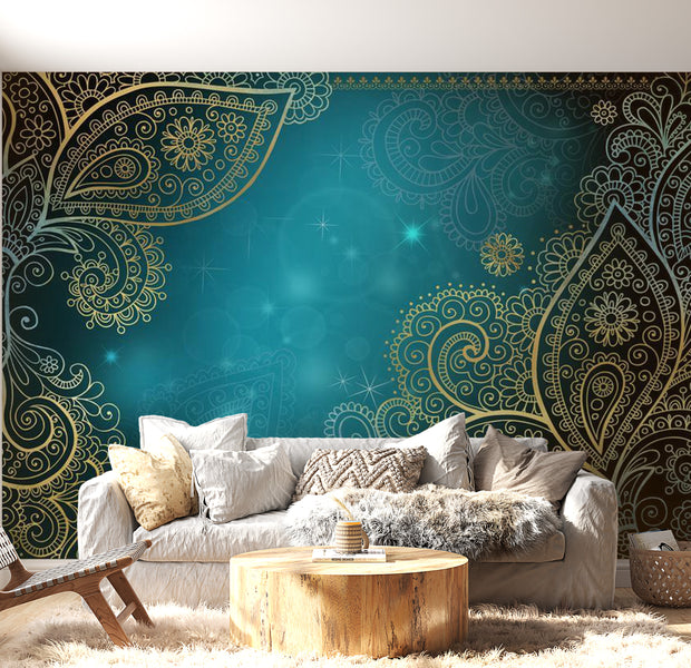 Peel & Stick Mandala Wall Mural - Oriental Turquoise Mandala - Removable Wall Decals