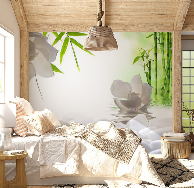 Peel & Stick Zen Wall Mural - White Stones And Bamboo - Removable Wall Decals