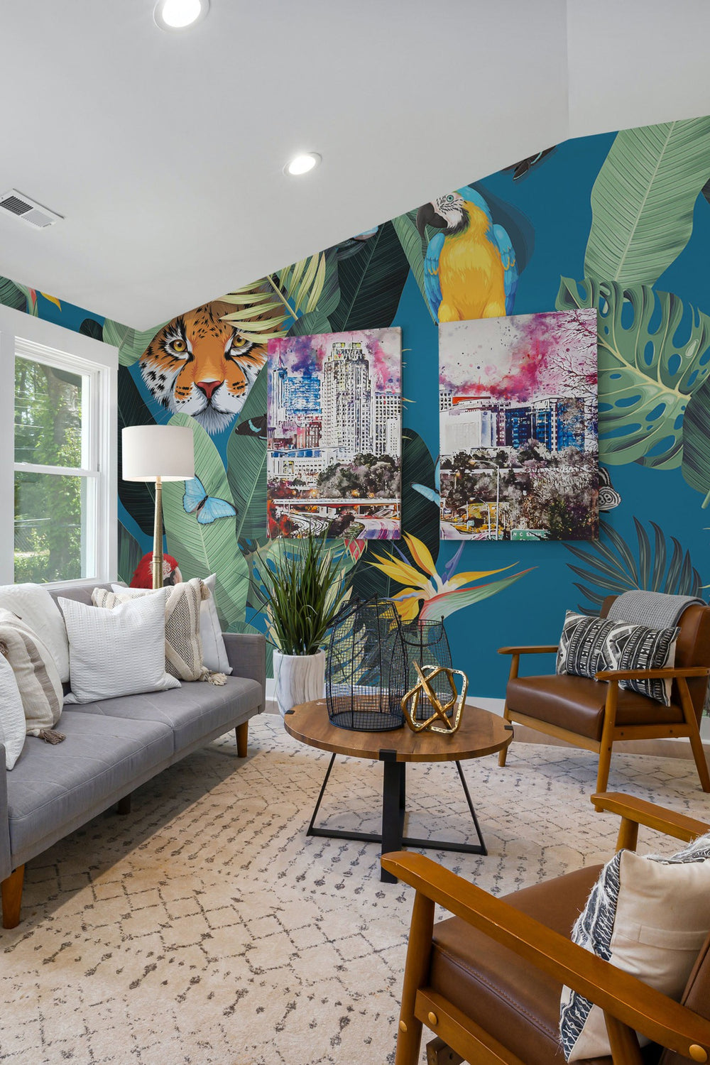 A vibrant living room with a tropical jungle wall mural featuring exotic animals and colorful collage-style urban artwork.
