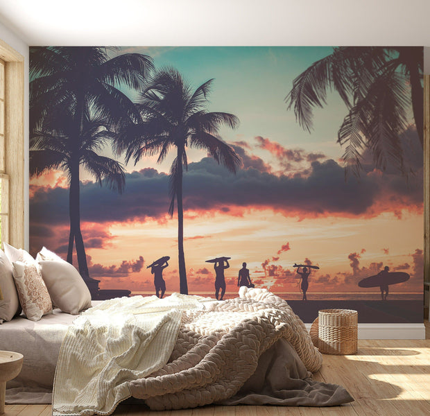 Tropical Wallpaper Wall Mural - Surfing At Sunset-Tiptophomedecor