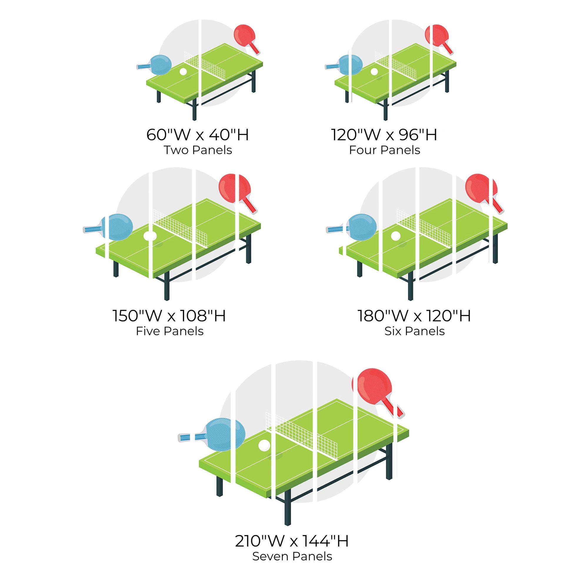 Infographic showing various wall mural sizes with sports field design, from two to seven panels