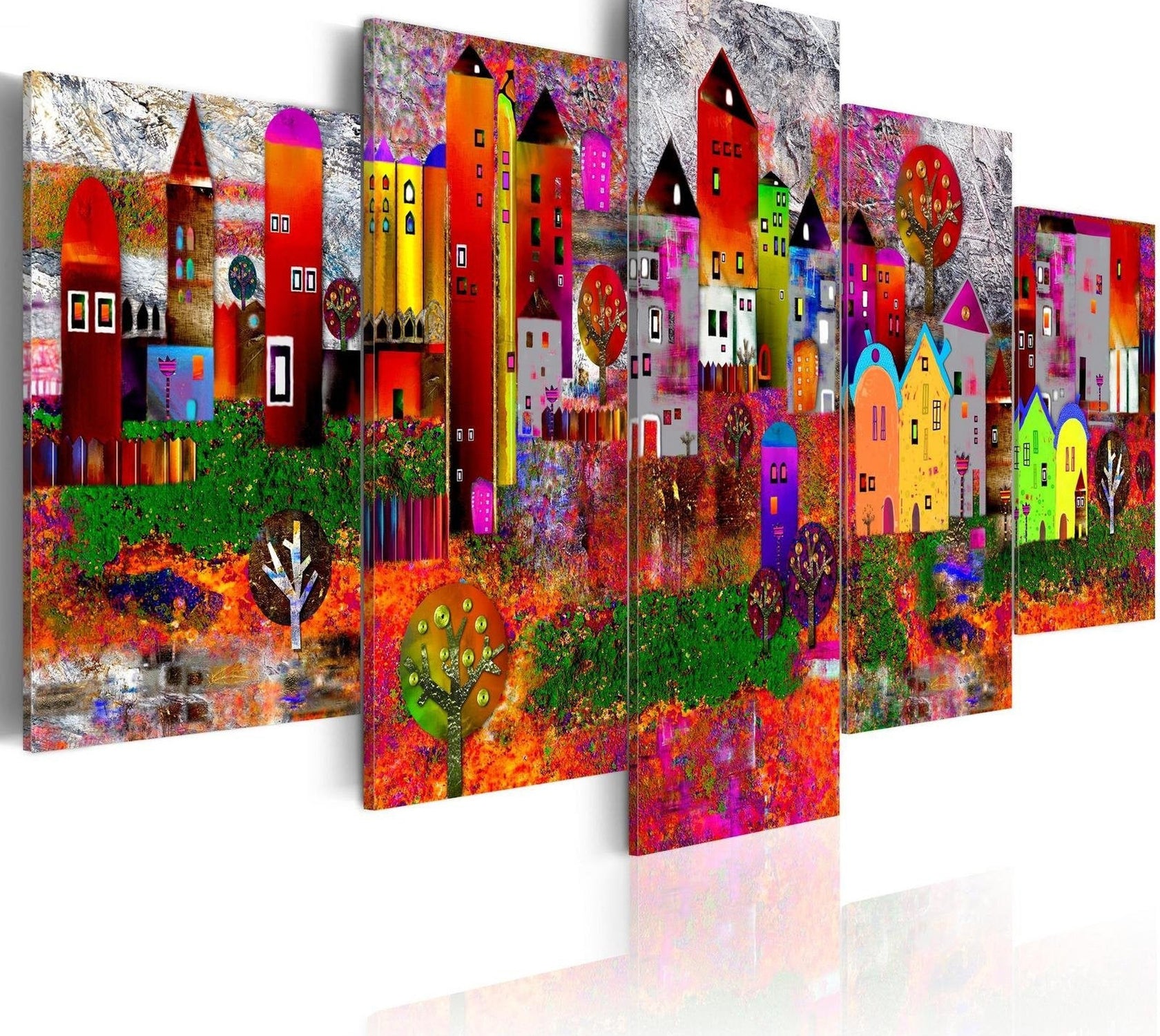 Abstract Stretched Canvas Art - Colourful Small Town-Tiptophomedecor