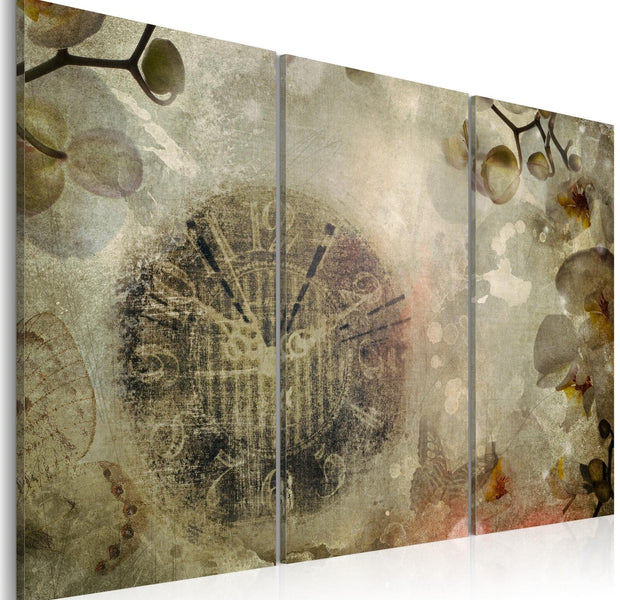 Abstract Stretched Canvas Art - Vintage, Clock And Orchid - Triptych-Tiptophomedecor