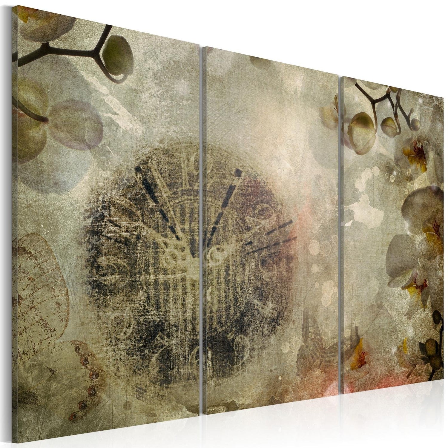 Abstract Stretched Canvas Art - Vintage, Clock And Orchid - Triptych-Tiptophomedecor