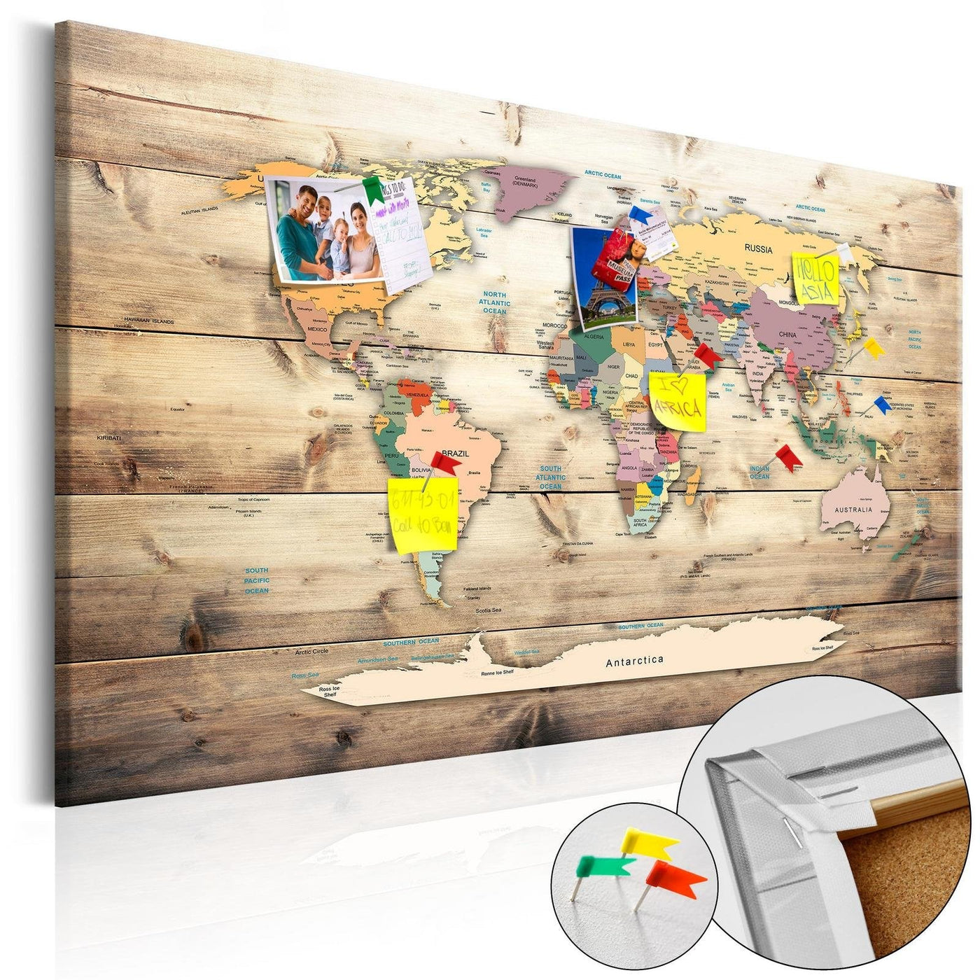 Decorative Pinboard - World Map: Wooden Oceans [Cork Map], Size: 36 x 24, Beige