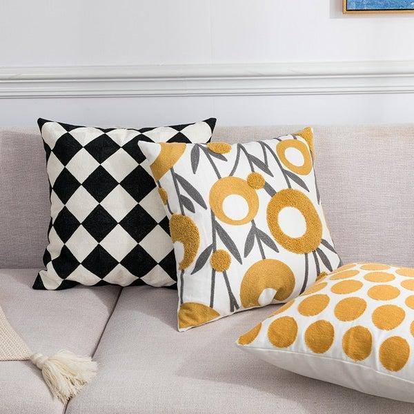 Floral Geometric Embroidered Black Golden Yellow Pillowcases-TipTopHomeDecor